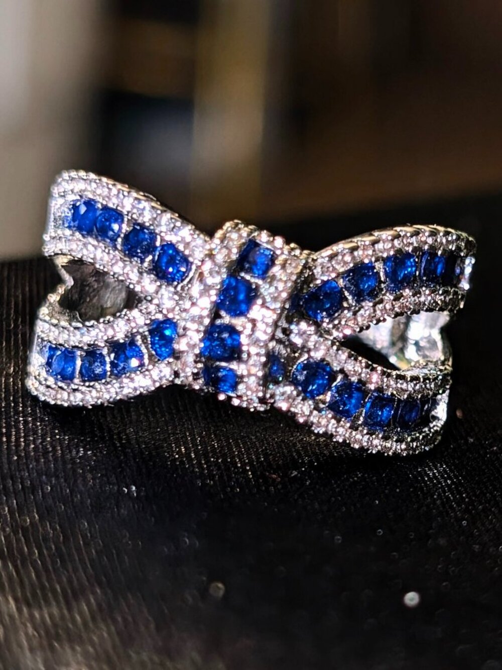 Platinum Plated Sterling Silver Sapphire Diamond Bow Ring Size 7 Bowknot